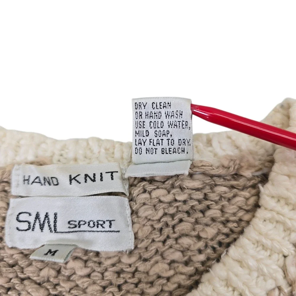 SML Sport Vintage Hand Knit Linen Cotton Sweater Beige Red Blue Diamond M‎